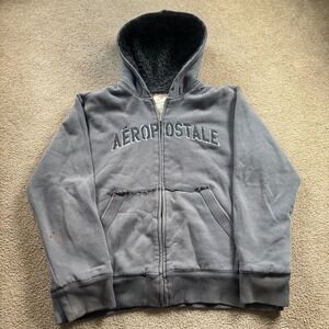 Vintage Y2k Aeropostale Faux Fur Lined Zip Up Hoodie Men's Extra Large Gray